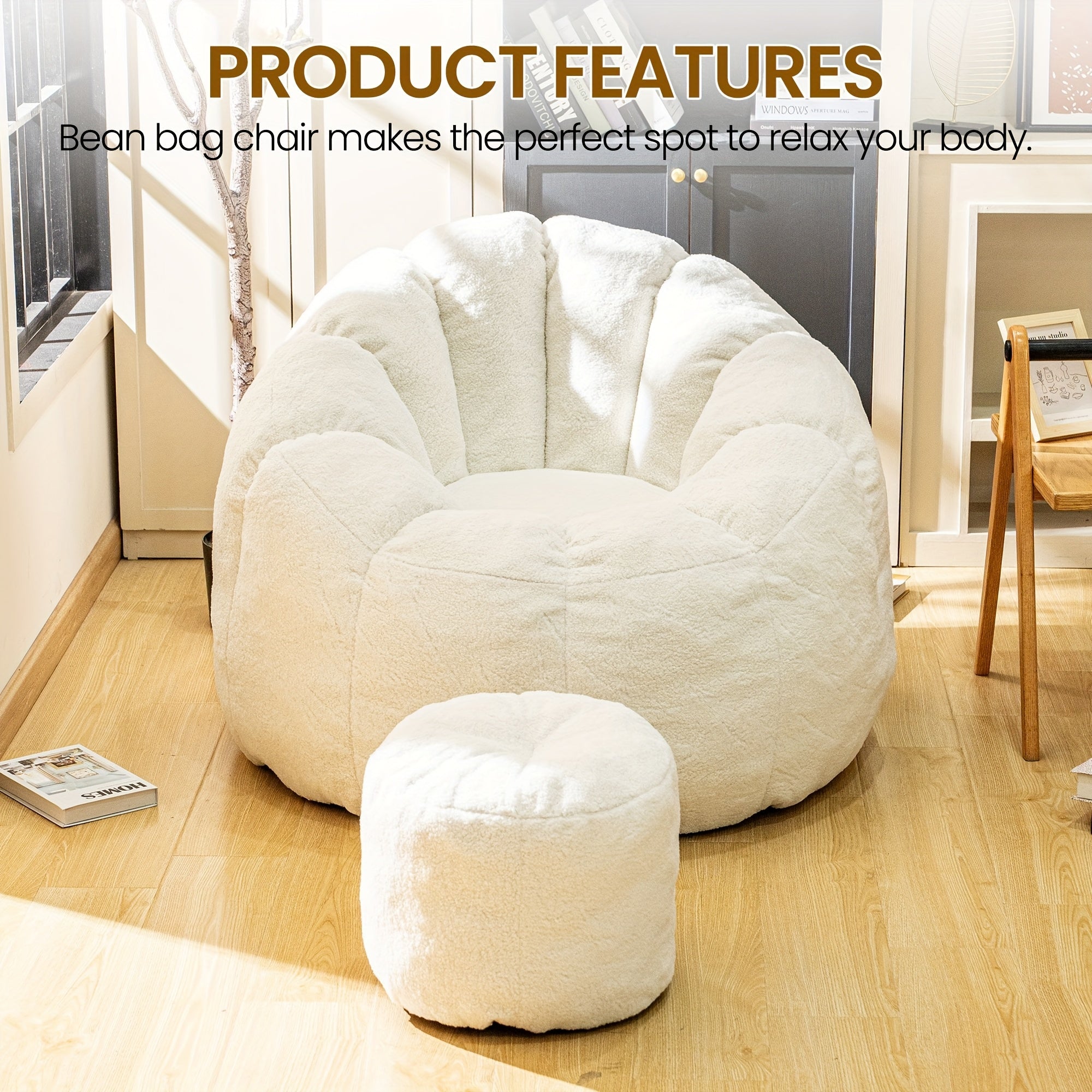 LAMERGE Beanbag Chairs with Foot Stools, Soy Bag Chairs And Foot Stools, Indoor Recliners, Comfortable And Lazy Sofa Chairs And Foot Stools, Reading Chairs for Living Rooms, Bedrooms, Essential Home Furnishings for Home Relaxation