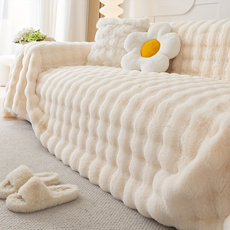 1pc Imitation Rabbit Fur Sofa Cover, Thickened Winter Plush Sofa Towel, Sofa Blanket, Anti Dirt And Pet Scratch Sofa Slide Cover, Furniture Protection Cover, Bedroom, Office, Living Room, Home Decoration Local Warehouse