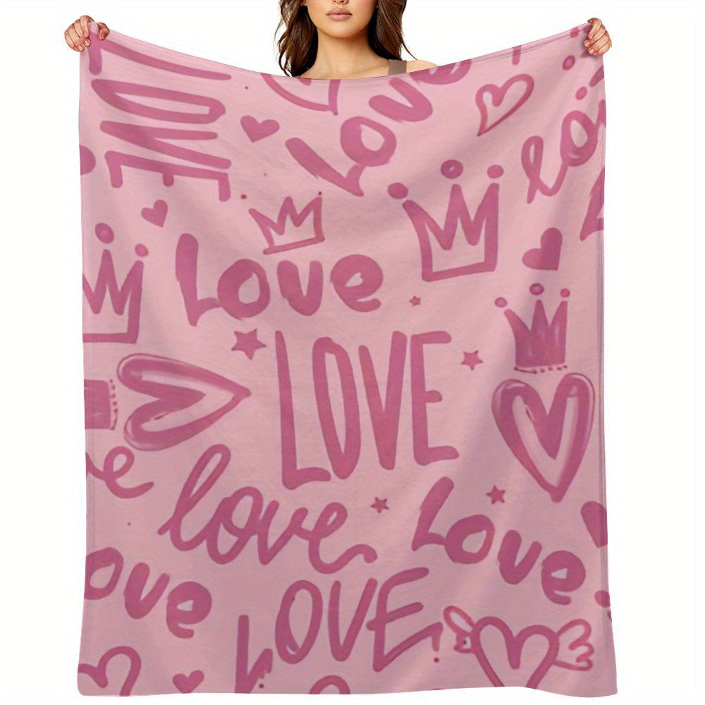1pc Extra-Large Flannel Throw Blanket - Super Soft & Plush All-Season Luxury Bedspread\u002F Couch Cover - Pastel Pink with Hearts, Love Letters & Crown Designs - Lightweight Warm Bedspread for Queen\u002FKing Beds, Sofa, Travel - Machine Washable Cozy Ho