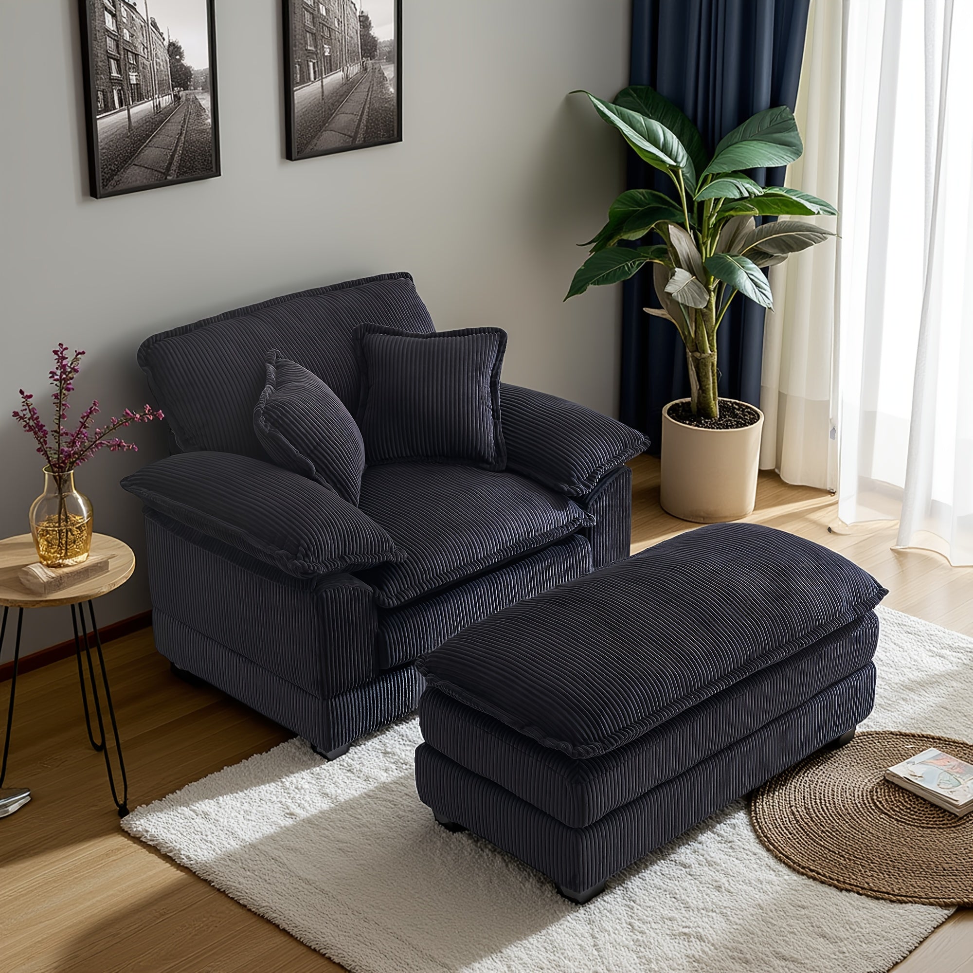 Corduroy Single Sofa With 2 Folding Pillows And An Ottoman, Comfort Sofa - Living Room Deep Seating Sofa