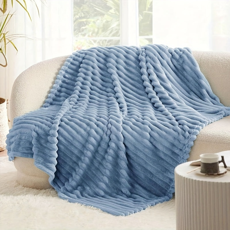 1pc Ultra-Soft Imitation Rabbit Fur Double-Sided Fleece Blanket - All-Season Cozy Warmth, Plush White with Blue Striped Pattern, Lightweight & Durable for Home, Office, Camping, Travel - Luxury Bedspread or Throw, Contemporary Style Gift Blanket, Christma