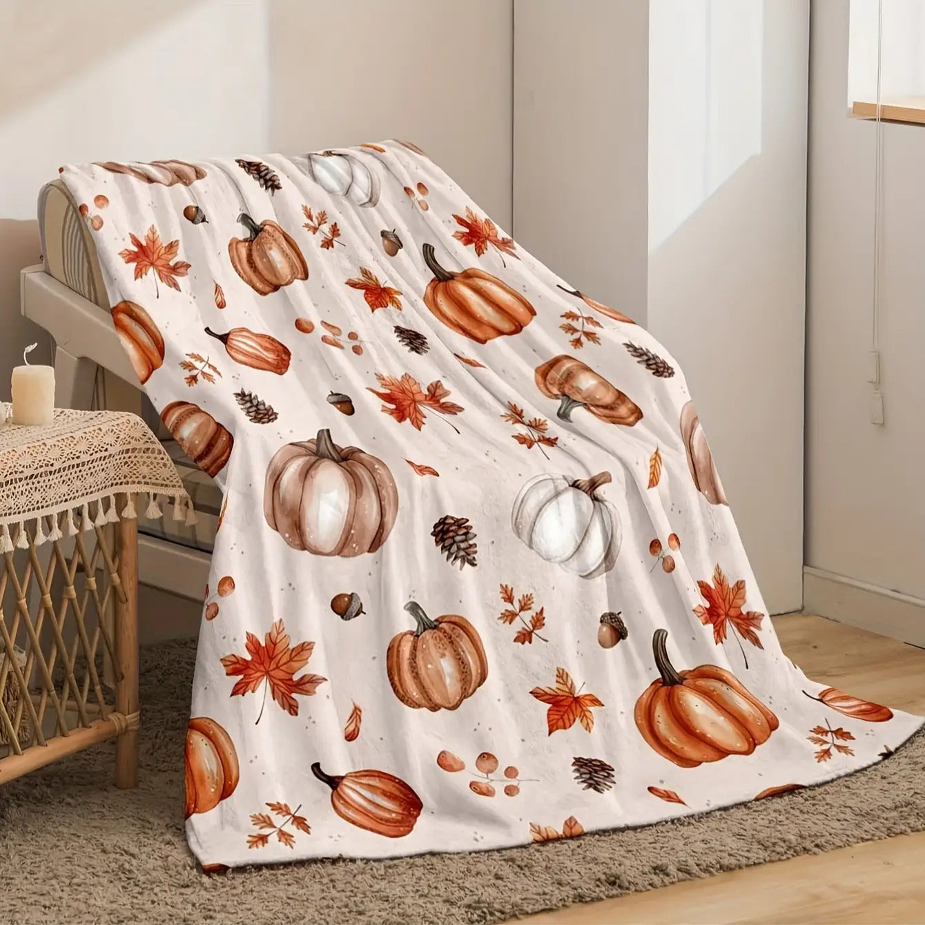 280GSM Heavyweight Flannel Throw Blanket - Super Soft Warm Cozy All-Season Bedspread, Autumn Pumpkin Maple Leaf & Plaid Print in Brown\u002FBeige\u002FWhite\u002FOrange, Contemporary Bedspread for Sofa, Bed, Travel, Home Decor - Luxury Fleece Blanket with