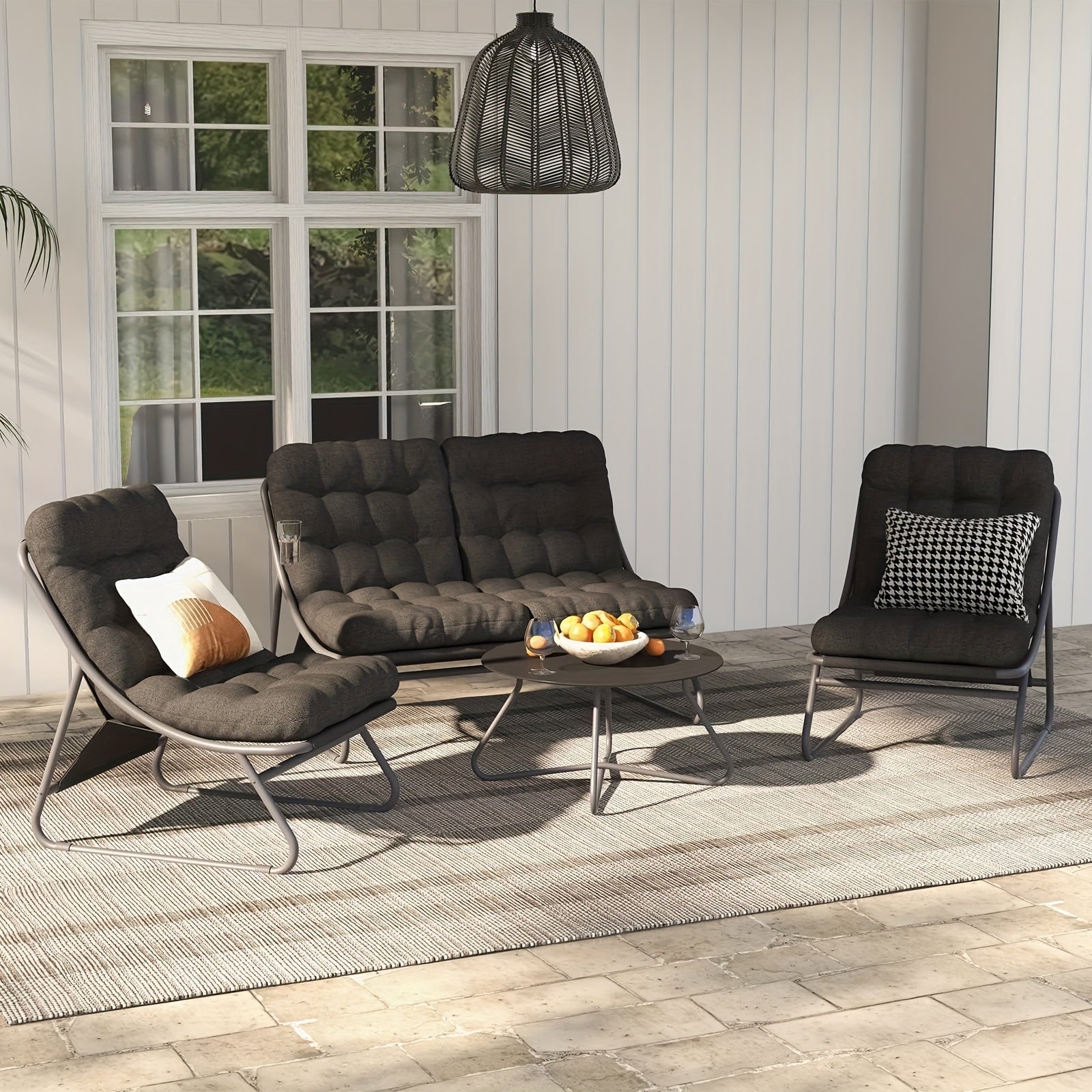 4pcs Outdoor Patio Furniture Set with Removable Cushions & Coffee Table - Heavy-Duty Metal Frame, All-Weather Grey Sectional Sofa with Loveseat, 2 Armchairs & Coffee Table, Garden Furniture, Patio Furniture Outdoor