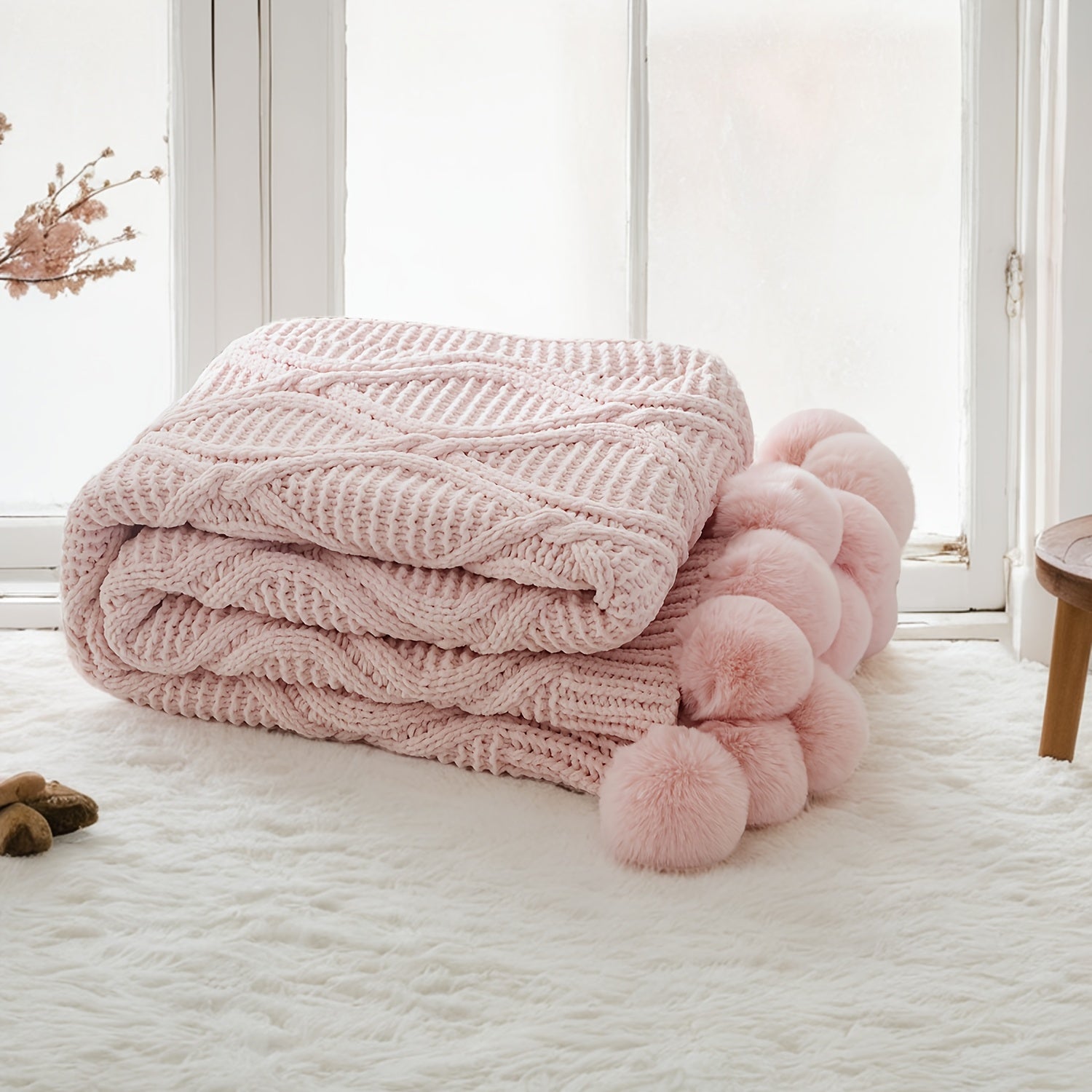 Ultra Soft Cozy Chenille Solid Color Throw Blanket with 16pcs Handmade Pom Poms Rhombus Textured Best Gift to Friend And Parents Blanket Decorative for Sofa Couch Bed 50x60 Inches Weight 2.2 Pounds
