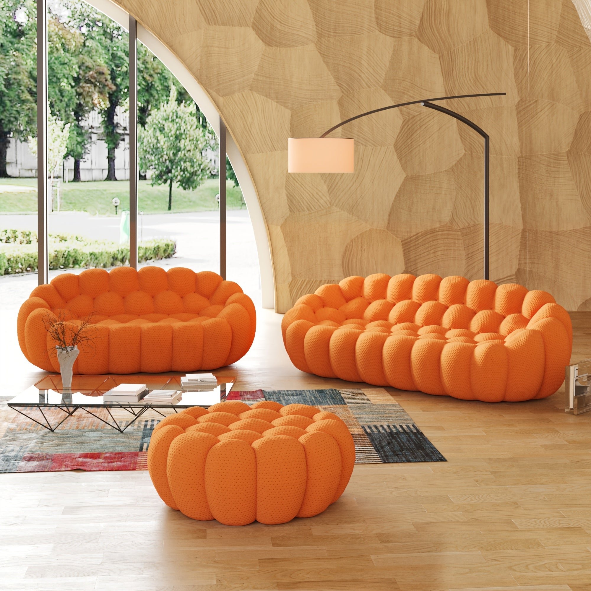 Modern Oversized Bean Bag Sofa with Ottoman - 3D Knitted Fabric, Orange, Football-Shaped Design, No Assembly Required, 700 lbs Load Capacity, Perfect for Contemporary Living Rooms, Sofa for Living Room