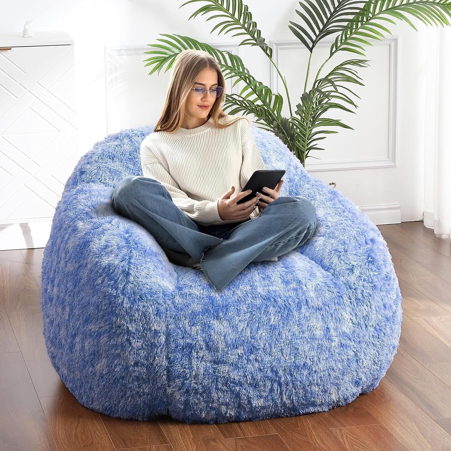 EuKer Bean Bag Chair, Plush Lazy Sofa High-Density Foam Floor Sofa with Armrest, Blue