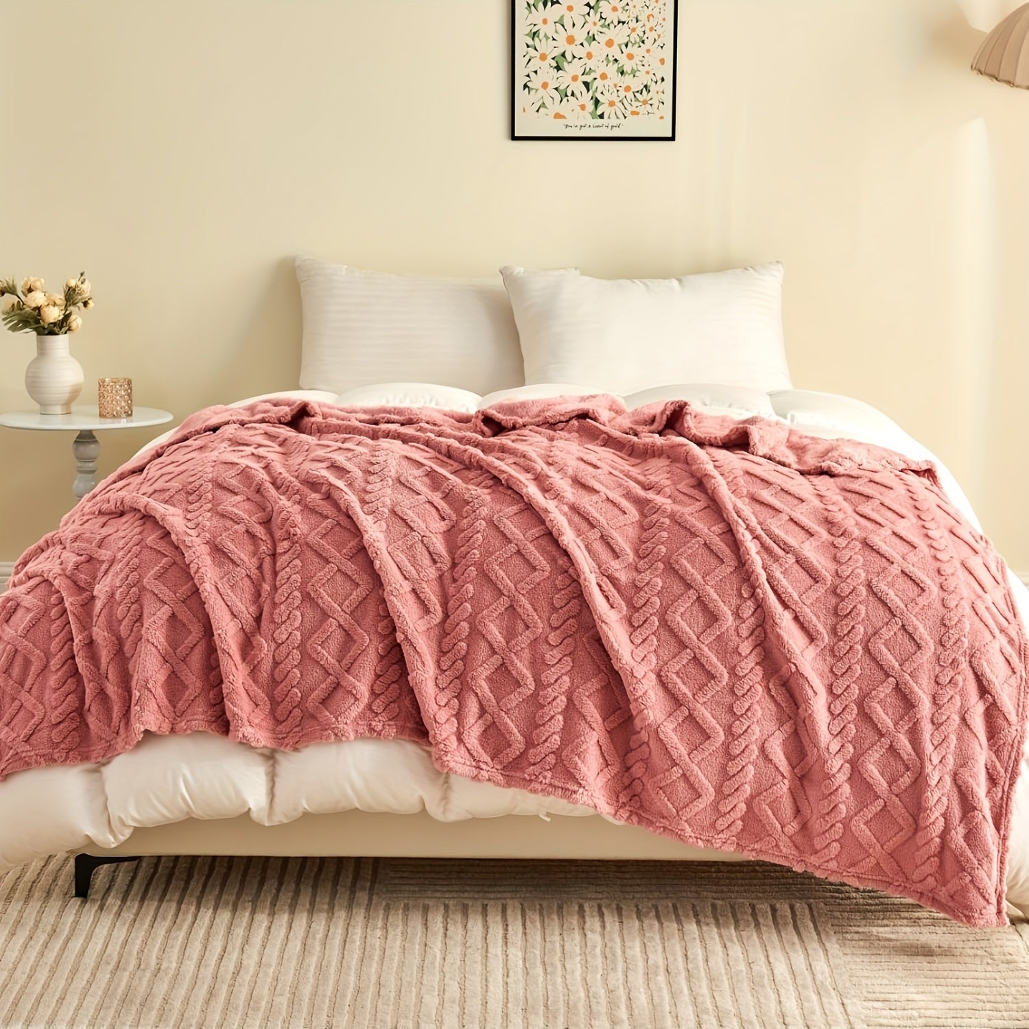 Ultra-Soft Diamond Jacquard Brushed Fleece - Cozy, Thick Plush With 3D Design | Versatile For Bed, Couch, Travel | Machine Washable | All-Season Comfort, Air Conditioning, Flannel, Multifunctional